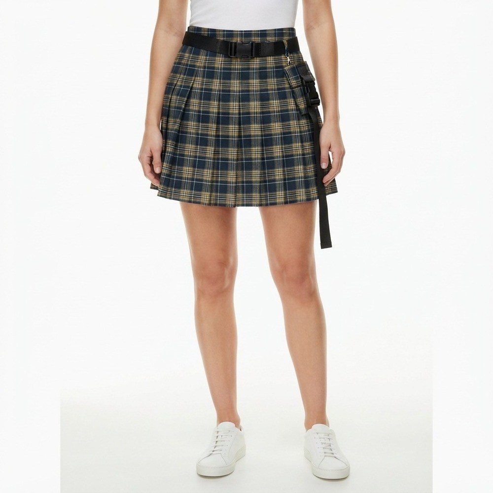 Rue21 Navy Yellow Plaid Pleated Mini Skirt with Utility Belt and Cargo Pocket M